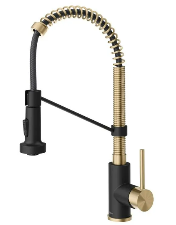 Single-Handle Pull-Down Kitchen Faucet with Dual Function Sprayhead in Spot Free Antique Champagne Bronze/Matte Black Single-Handle Pull-Down Kitchen Faucet with Dual Function Sprayhead in Spot Free Antique Champagne Bronze/Matte Black